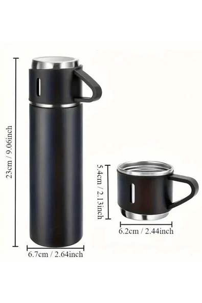 Termos Seti 3'lü Bardak Seti Isı Dayanıklı Siyah Paslanmaz Çelik Vakumlu - Resim 2