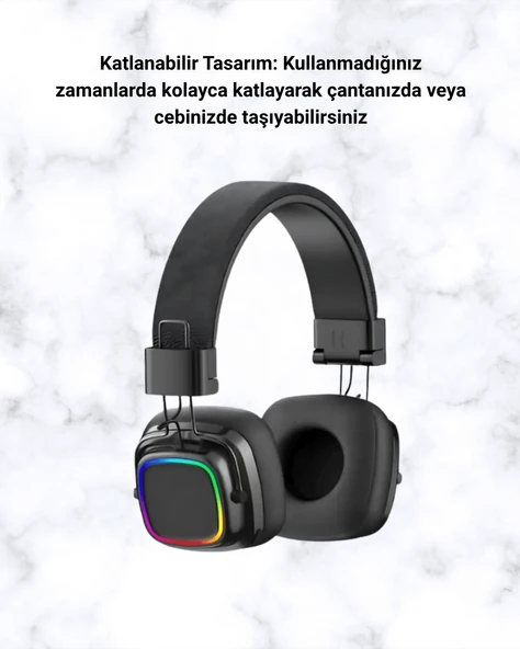 Kablosuz RGB Işıklı Katlanabilir Bluetooth Kulak Üstü Kulaklık - Resim 2