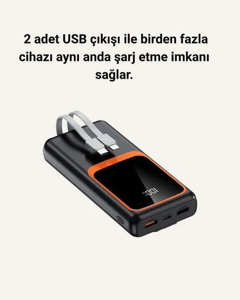 Powerbank 20000 mAh | 22.5W Hızlı Şarj, Dahili Kablolu, LCD Ekranlı Şarj Cihazı - Resim 4