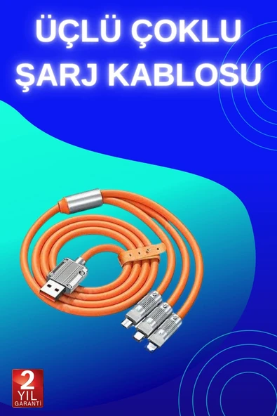 3 İn 1 Süper Hızlı Şarj Kablosu Android ve İOS Uyumlu Silikon Şarj Kablosu ürün görseli 1
