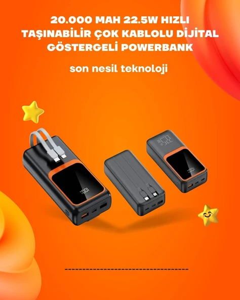 Powerbank 20000 mAh | 22.5W Hızlı Şarj, Dahili Kablolu, LCD Ekranlı Şarj Cihazı ürün görseli 1