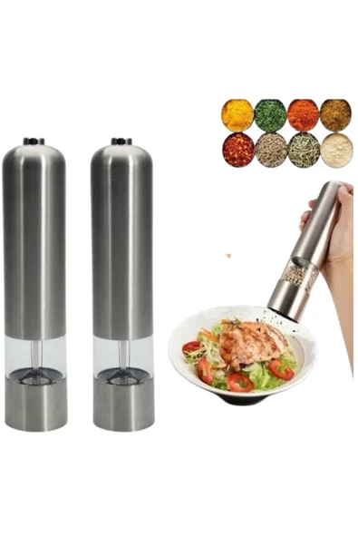 Pilli Tuz Ve Karabiber Öğütücü Baharat Değirmeni Tuzluk Pilli Işıklı Gri - Resim 2