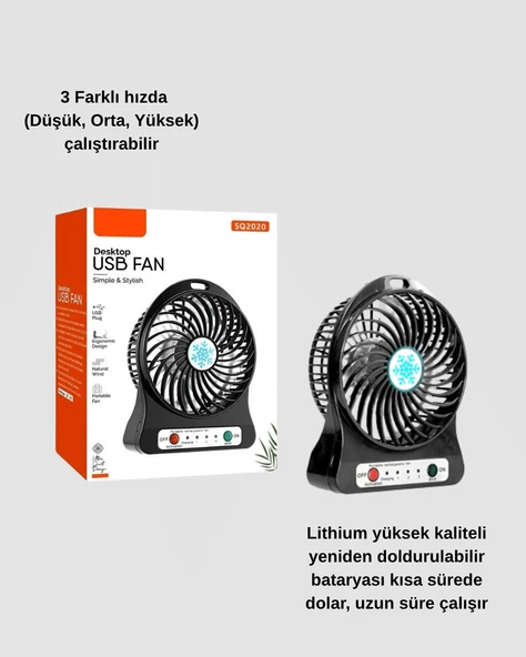 Mini USB Fan – Şarj Edilebilir, Işıklı, 3 Kademe, Taşınabilir Masaüstü Vantilatör - Resim 3