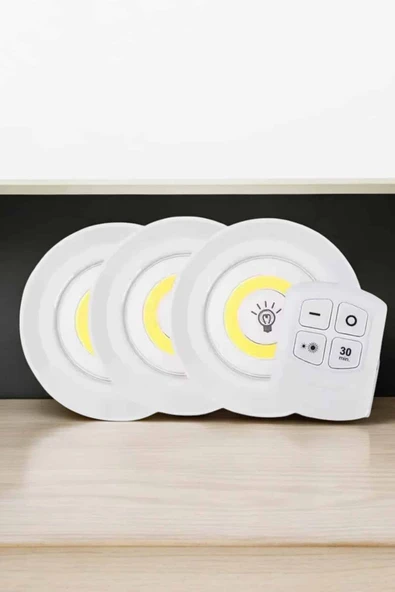Spot Lamba Led Işık 3'lü Uzaktan Kumandalı Pilli Yapışkanlı Kablosuz - Resim 2