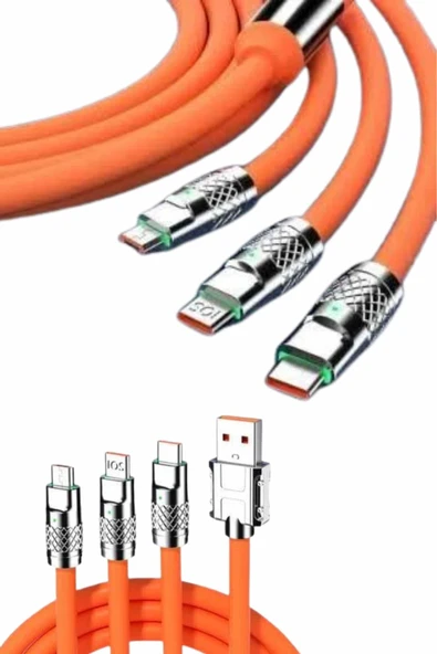 120W Silikon Metal Uçlu LED Işıklı 3 In1 Şarj Kablosu 1.2m - Resim 2