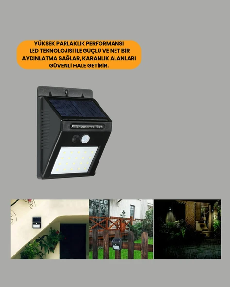 Sensörlü 20 LED Solar Duvar Lambası 3 Metre Algılama Mesafesi - Resim 2