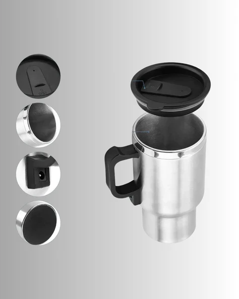 Çelik Gövdeli Araç İçi Isıtıcı Termos Bardak 450 ml Kapasiteli - Resim 3