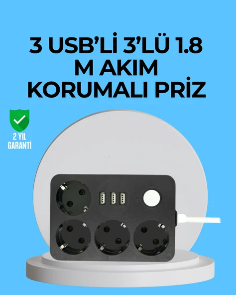 3 USB Çıkışlı 4’lü Akıllı Priz 2500W 2 Metre Kablo ürün görseli 1