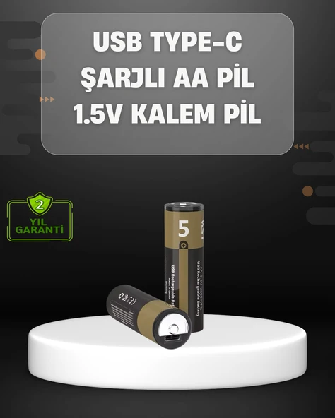 USB Type-C Girişli Şarjlı AA Lityum Pil | 1.5V Sabit Çıkış | 3200mWh (2'li Paket) ürün görseli 1