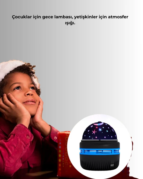 Döner Galaxy Projektör Gece Lambası – Ay ve Yıldız Işıklı Atmosfer Lamba, USB Bağlantılı - Resim 4