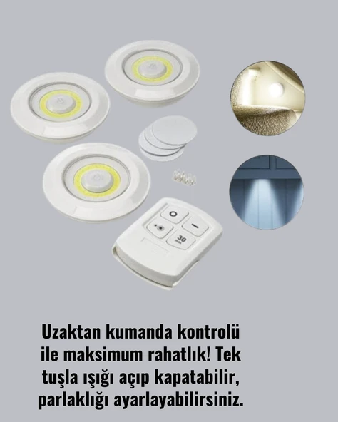 Uzaktan Kumanda İle Kontrol Edilebilen Yapışkanlı 3 Lü Kablosuz Led Spot Lamba - Resim 2