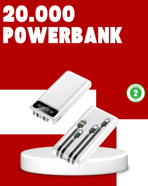 20.000mAh PD Powerbank LED Işık LCD Ekran Dahili Kablo Çoklu Giriş ürün görseli 1