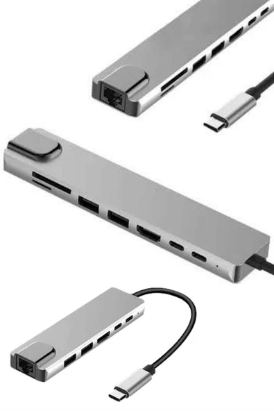 8 Portlu Macbook Çevirici Type C Hub  SD TF USB Çoğaltıcı Ethernet - Resim 2