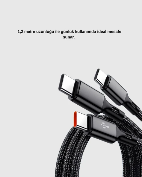 3’ü 1 Arada Şarj Kablosu Type-C iOS Android Uyumlu Hızlı ve Güvenli Şarj - Resim 3