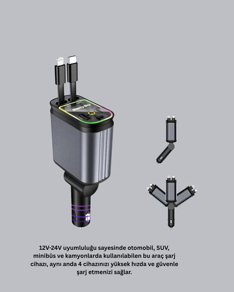 Araç Şarj Adaptörü 66W PD QC Hızlı Şarjlı ve Çekilebilir Kablolu - Resim 3