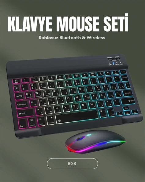 RGB Aydınlatmalı Şarjlı Kablosuz Klavye ve Mouse Seti – Modern ve Kompakt Tasarım ürün görseli 1