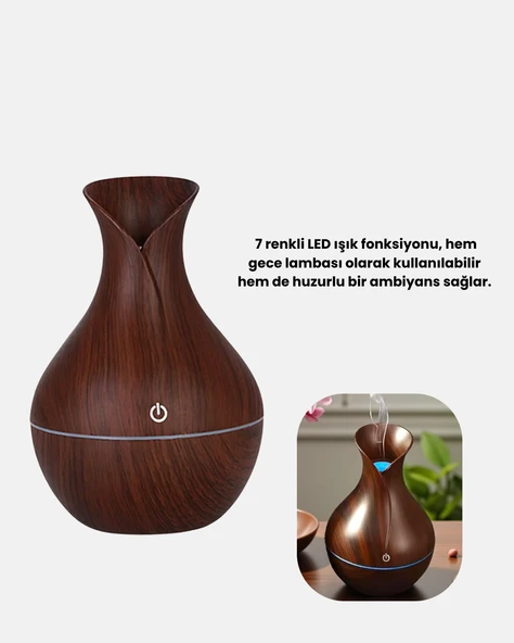 Ahşap Desenli Aromaterapi Difüzör 130 ml Ultrasonik ve 7 Renk LED Işıklı - Resim 2