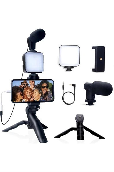 Akıllı Telefon Vlog Kiti Tripod Mini Mikrofonlu Telefon Tutucu - Resim 3