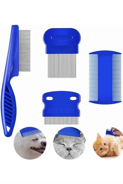 4'lü Bit Pire Tarağı Set Kedi Köpek Evcil Hayvan Tüy Toplayıcı Mavi ürün görseli 1