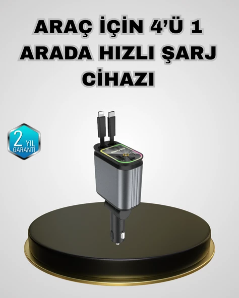 Araç Şarj Adaptörü 66W PD QC Hızlı Şarjlı ve Çekilebilir Kablolu ürün görseli 1