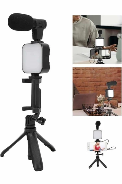 Tripod Telefon Tutucu Kumandalı Mikrofon Led Işık Vlog Video Kayıt - Resim 5