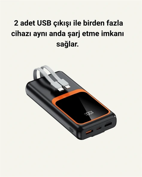 20000 mAh Powerbank | Çok Kablolu, Dijital Göstergeli, Yüksek Hızlı Şarj Cihazı - Resim 2