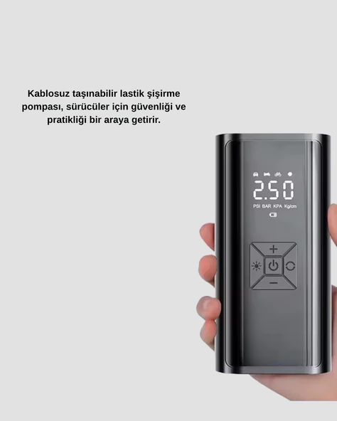 Kablosuz Dijital Lastik Şişirme Pompası LED Işıklı 80W - Resim 4