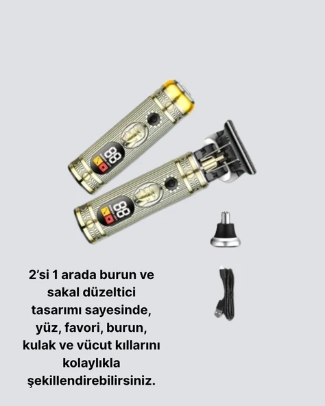 T Bıçaklı Profesyonel Saç ve Sakal Düzeltici – 8 Kılavuz Tarağı, 2’si 1 Arada Burun ve Sakal Trimmer ürün görseli 1