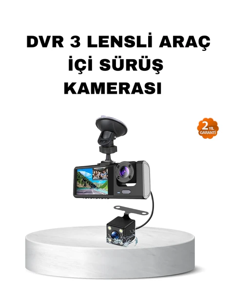 Üç Kameralı Araç İçi Kayıt Sistemi Full HD Gece Görüşlü ve G-Sensör Destekli ürün görseli 1