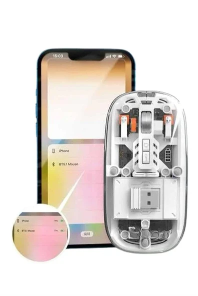 Mouse Fare Kablosuz Mouse Fare Şarjlı Bluetooth Sessiz 5 Tuşlu Şeffaf - Resim 2