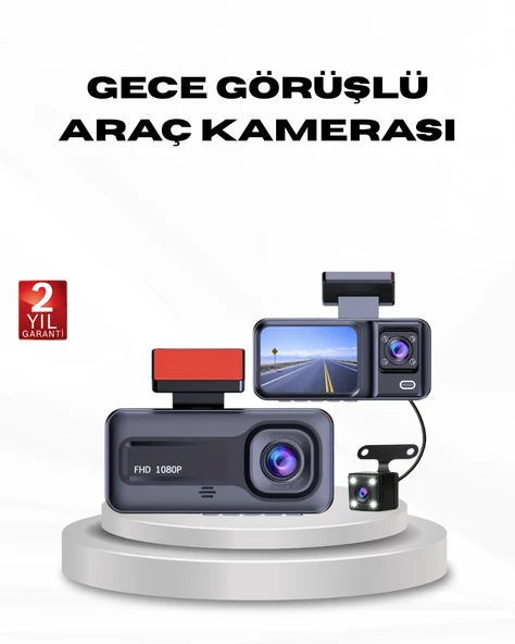 Full HD Üç Kameralı Araç Kamerası G-Sensörlü ve Gece Görüşlü ürün görseli 1