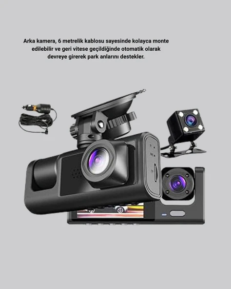 Full HD Üç Kameralı Araç Kamerası 170° Geniş Açılı ve Park Destekli - Resim 2