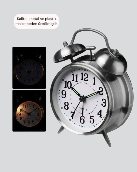 Yuvarlak Gümüş Dekoratif Işıklı Masa Üstü Saat Alarmlı Sessiz Çalışma - Resim 3