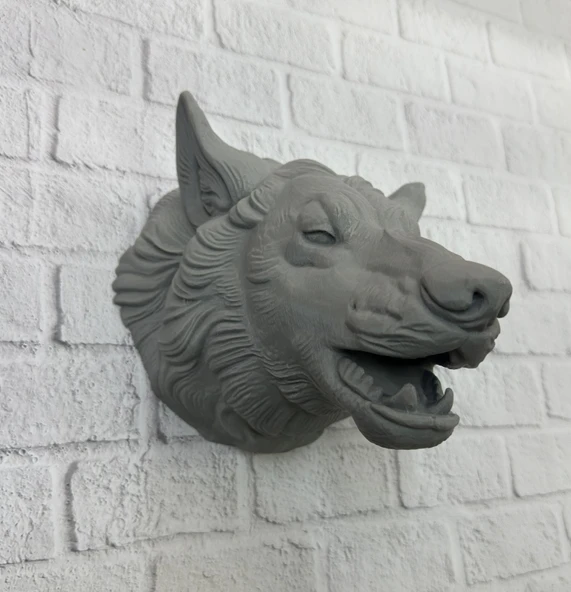 Gri Kurt Başı Figürü Duvar Tipi Dekoratif Heykel Hediyelik - Resim 2