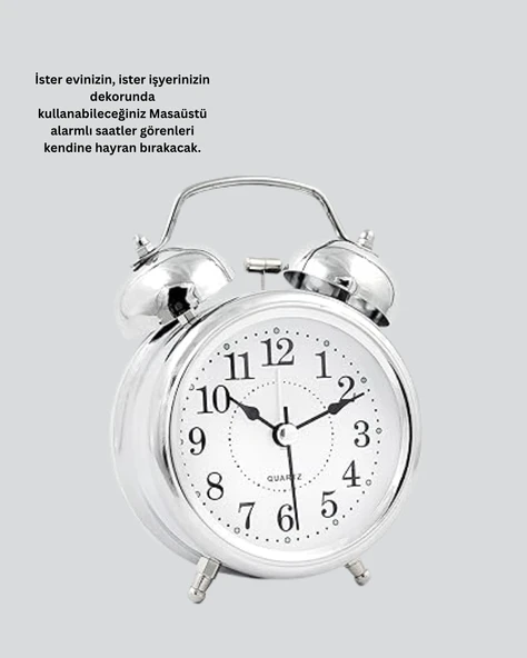 Yuvarlak Gümüş Dekoratif Işıklı Masa Üstü Saat Alarmlı Sessiz Çalışma - Resim 2