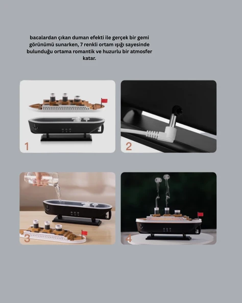 Ultra Sessiz Titanik Gemi LED Işıklı Aroma Difüzörü Oda Nemlendirici - Resim 2