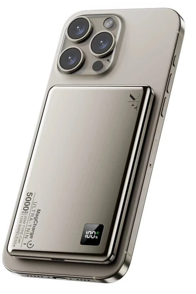 PW555 5.000 mAh Dijital Göstergeli 18W Type-C ve 15W Kablosuz Şarj PD Hızlı Şarj Magsafe Powerbank - Titanyum-(5796) ürün görseli 1