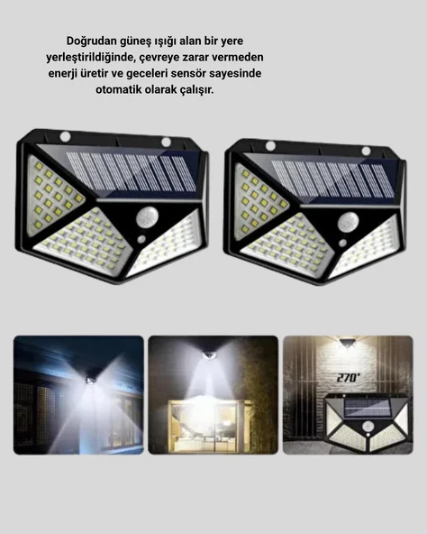 Güneş Enerjili Aydınlatma 100 LED Sensörlü Solar Dış Mekan Lamba - Resim 4