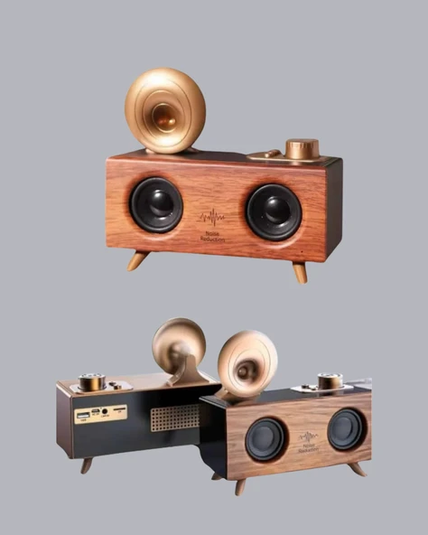 Retro Gramafon Bluetooth Hoparlör Çift Stereo Sesli FM Radyo Destekli - Resim 3