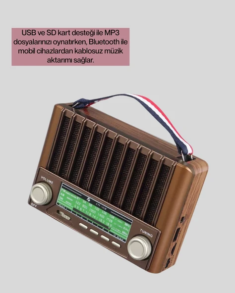 Nostaljik Tasarımlı Solar Şarjlı Radyo AM FM SW ve Bluetooth - Resim 3
