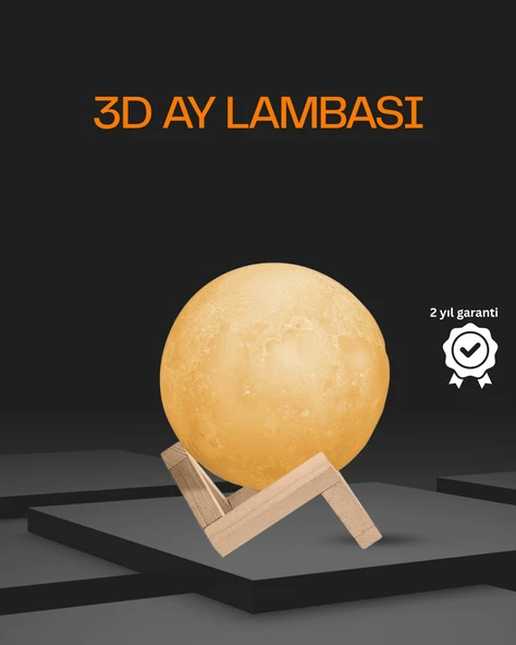 Ahşap Standlı 3D Baskı Ay Lambası 16 Renkli ve Şarjlı Uzaktan Kumandalı ürün görseli 1