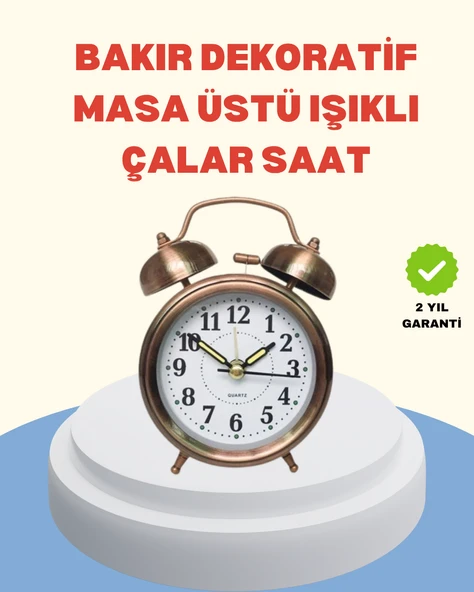 Metal Bronz Nostaljik Masa Saati Alarmlı Büyük Boy Sessiz Mekanizmalı ürün görseli 1