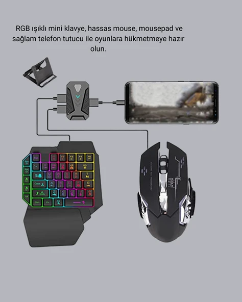 Mobil Gaming Oyun Seti 5in1 X8 Pro Çipset RGB Klavye Mouse Telefon Tutucu - Resim 2