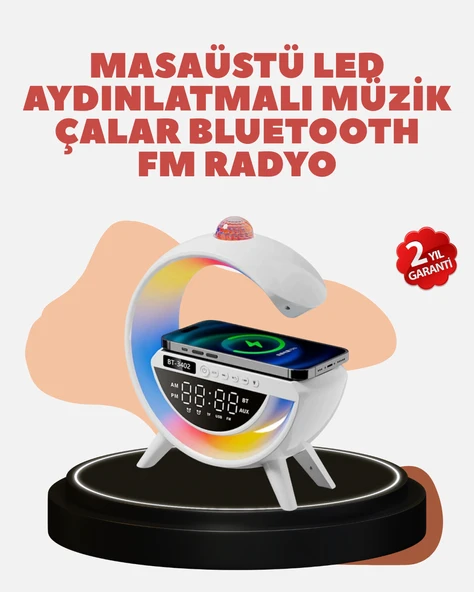 Bluetooth 5.0 Kablosuz Şarj Rampalı FM Radyo ve RGB Işıklı Hoparlör ürün görseli 1