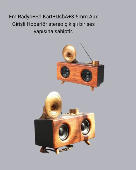 Retro Gramafon Bluetooth Hoparlör Çift Stereo Sesli FM Radyo Destekli - Resim 2