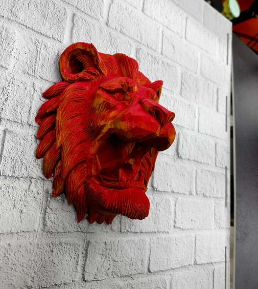 Dekoratif Asılabilir Aslan Başı 3D Duvar Heykeli Gold Red 20x21 cm ürün görseli 1