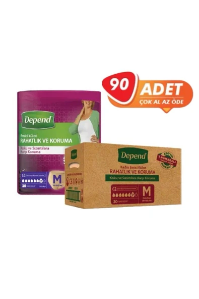 Depend Kadın Emici Külot Orta Boy (M) 30’lu (3 Paket 90 Adet) ürün görseli 1