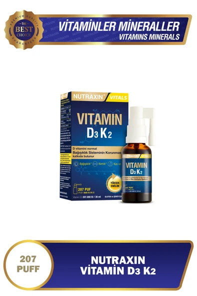 Nutraxin Vitals D3k2 30 Ml - 1000 Iu D3 Vitamini, 25 Mcg K2 Vitamini 207 Puf ürün görseli 1