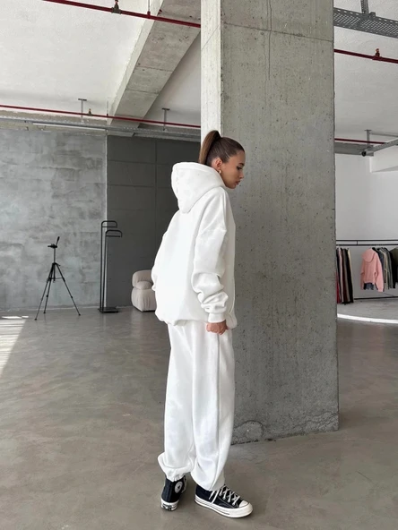 3 iplik şardonlu Lastik paça eşofman beyaz p510439 - Resim 5