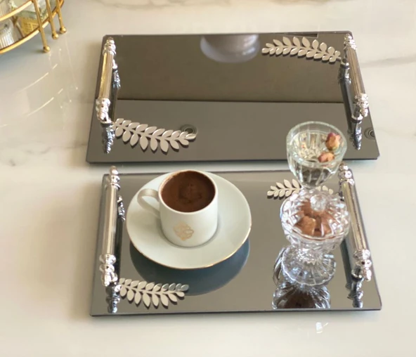 Dekoratif Aynalı Yaprak Desenli Sunum Tepsisi, Çay Tepsisi ,lüx Çay Tepsisi - Resim 8